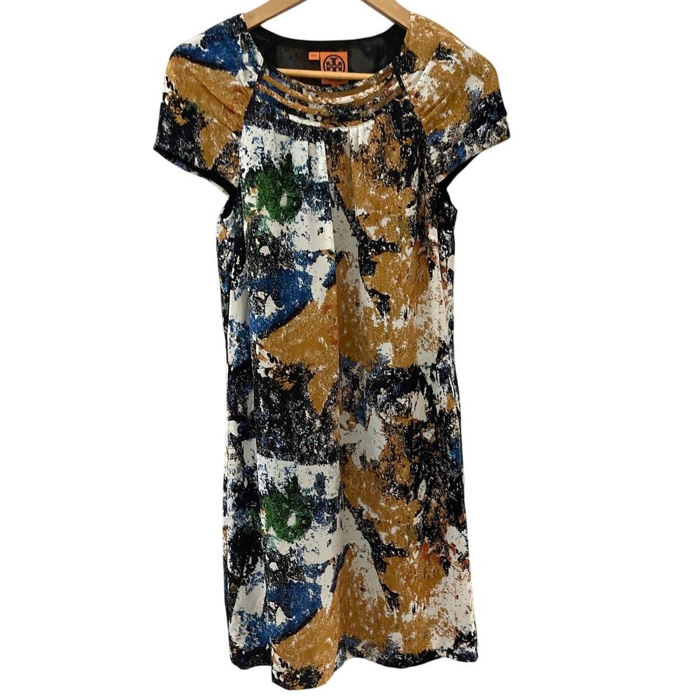 Tory Burch‎ Multicolor Printed Silk Capped Sleeve Mini Shift Dress Size 2